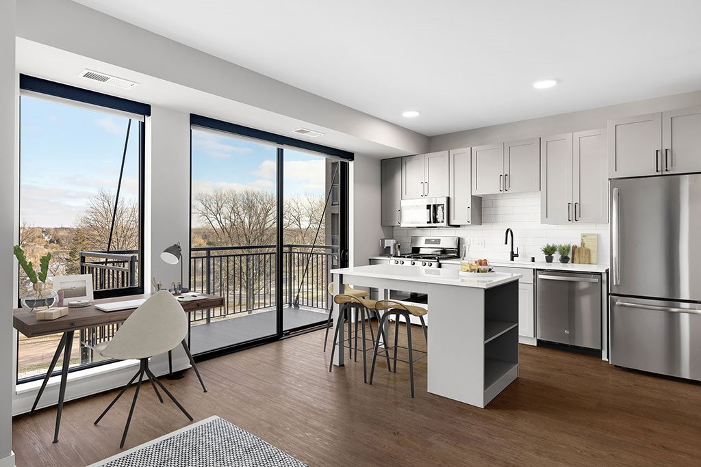 Alcove style kitchen with balcony